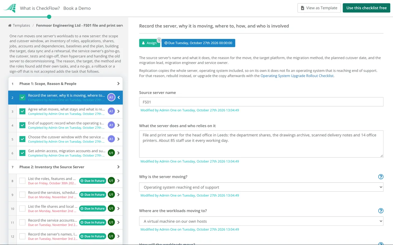 Live demo of the Server Migration Checklist in CheckFlow