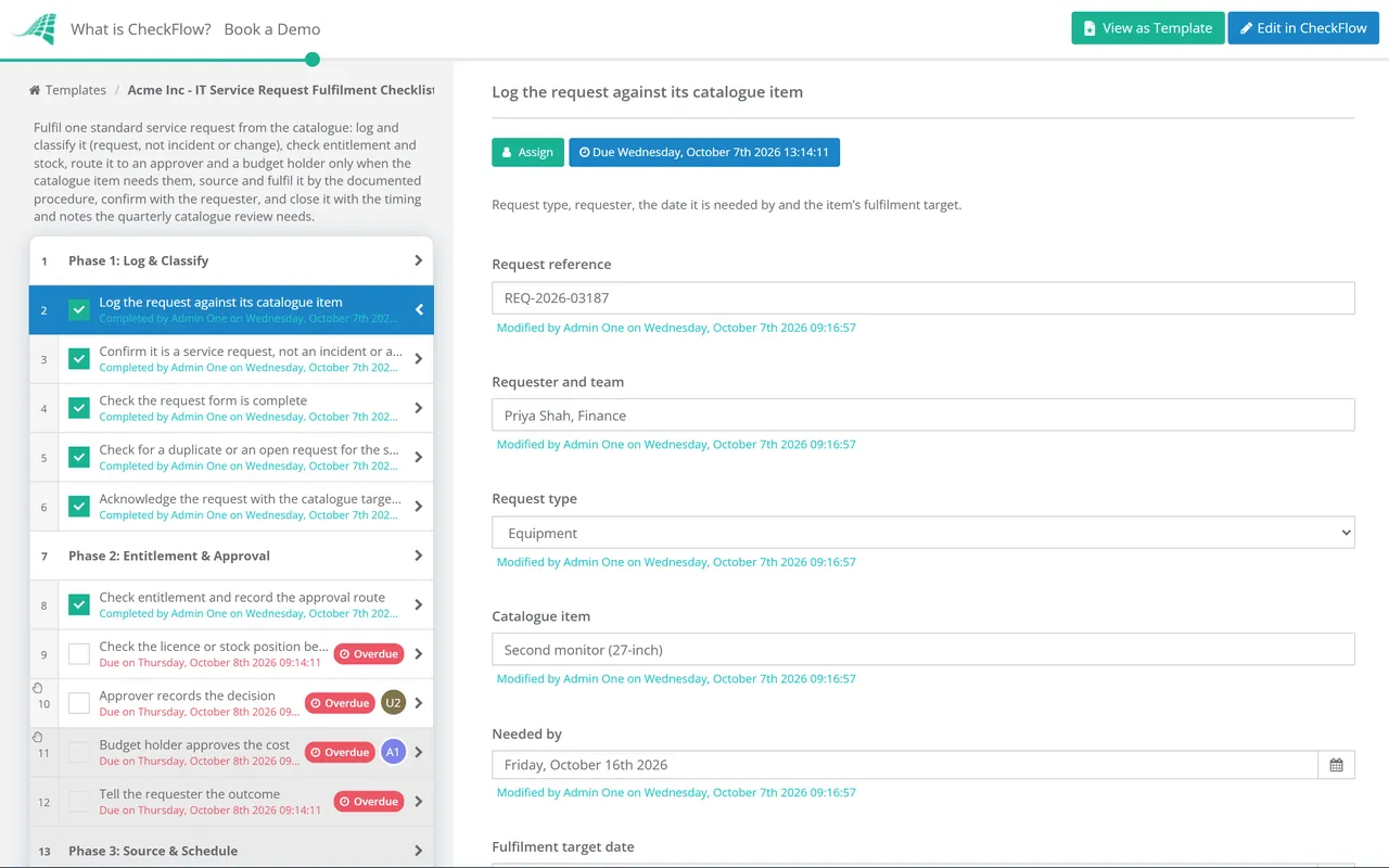 Live demo of the IT Service Request Fulfilment Checklist in CheckFlow