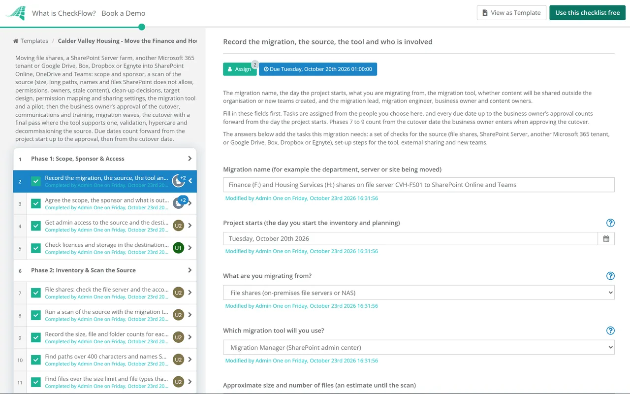 Live demo of the SharePoint Migration Checklist in CheckFlow