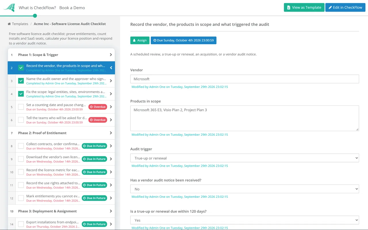 Live demo of the Software License Audit Checklist in CheckFlow