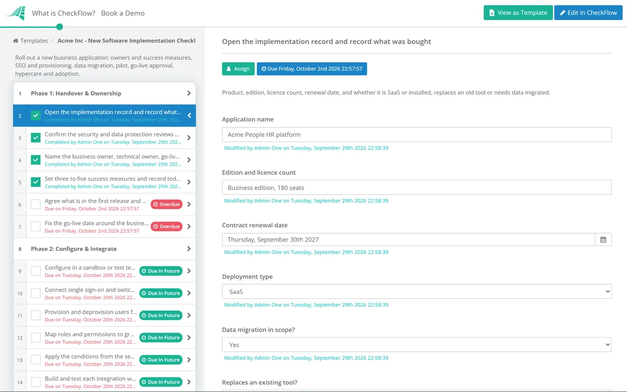 Live demo of the New Software Implementation Checklist in CheckFlow