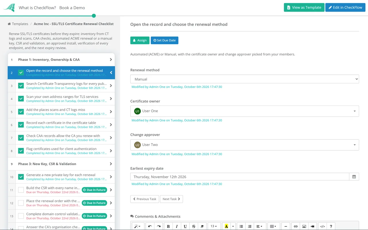 Live demo of the SSL/TLS Certificate Renewal Checklist in CheckFlow