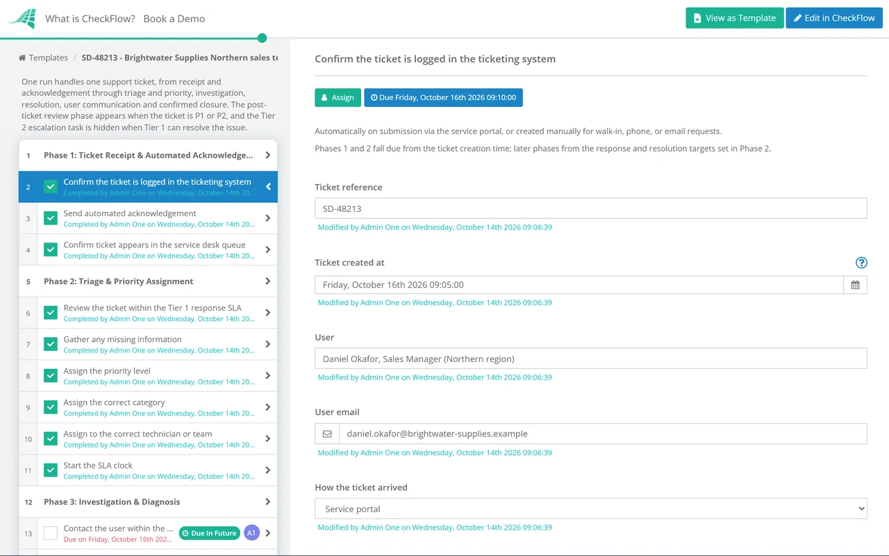 Live demo of the Support Ticket Response Checklist in CheckFlow