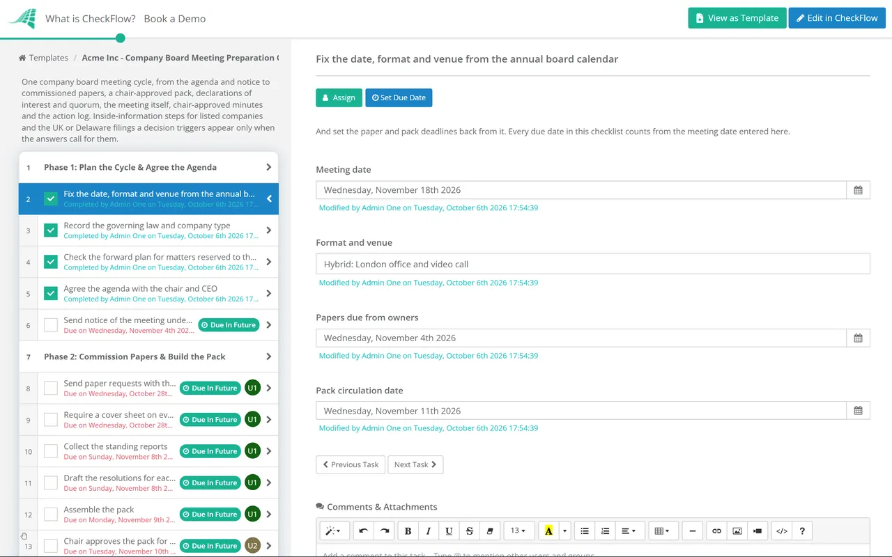 Live demo of the Company Board Meeting Preparation Checklist in CheckFlow