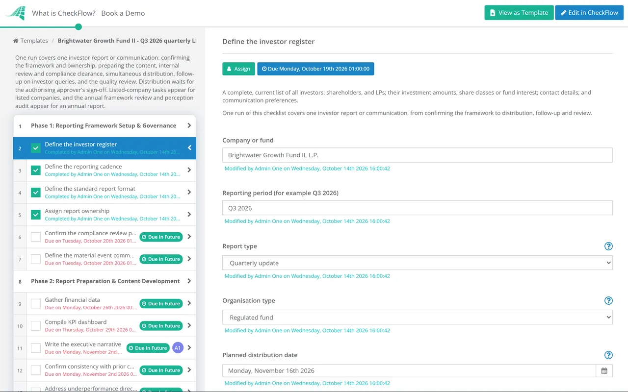 Live demo of the Investor Communication & Reporting Framework Checklist in CheckFlow