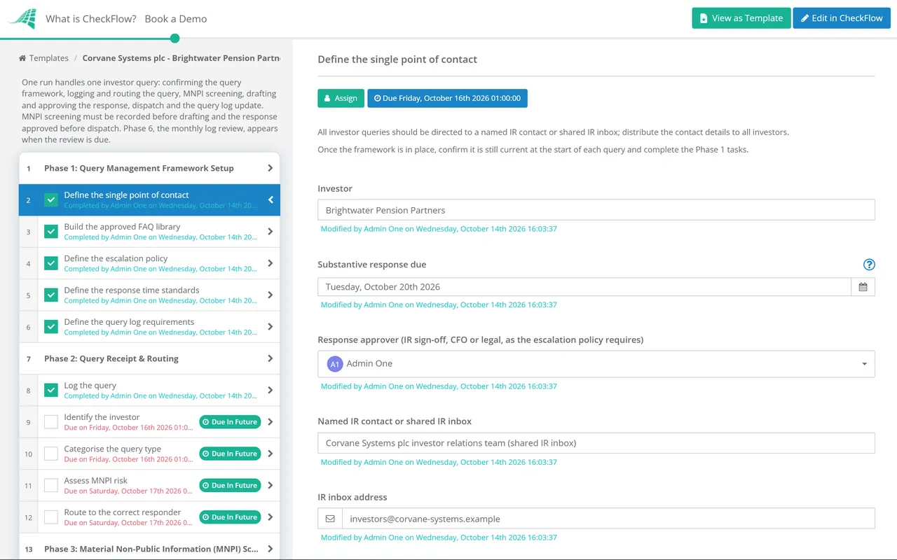 Live demo of the Investor Queries & Communication Management Checklist in CheckFlow