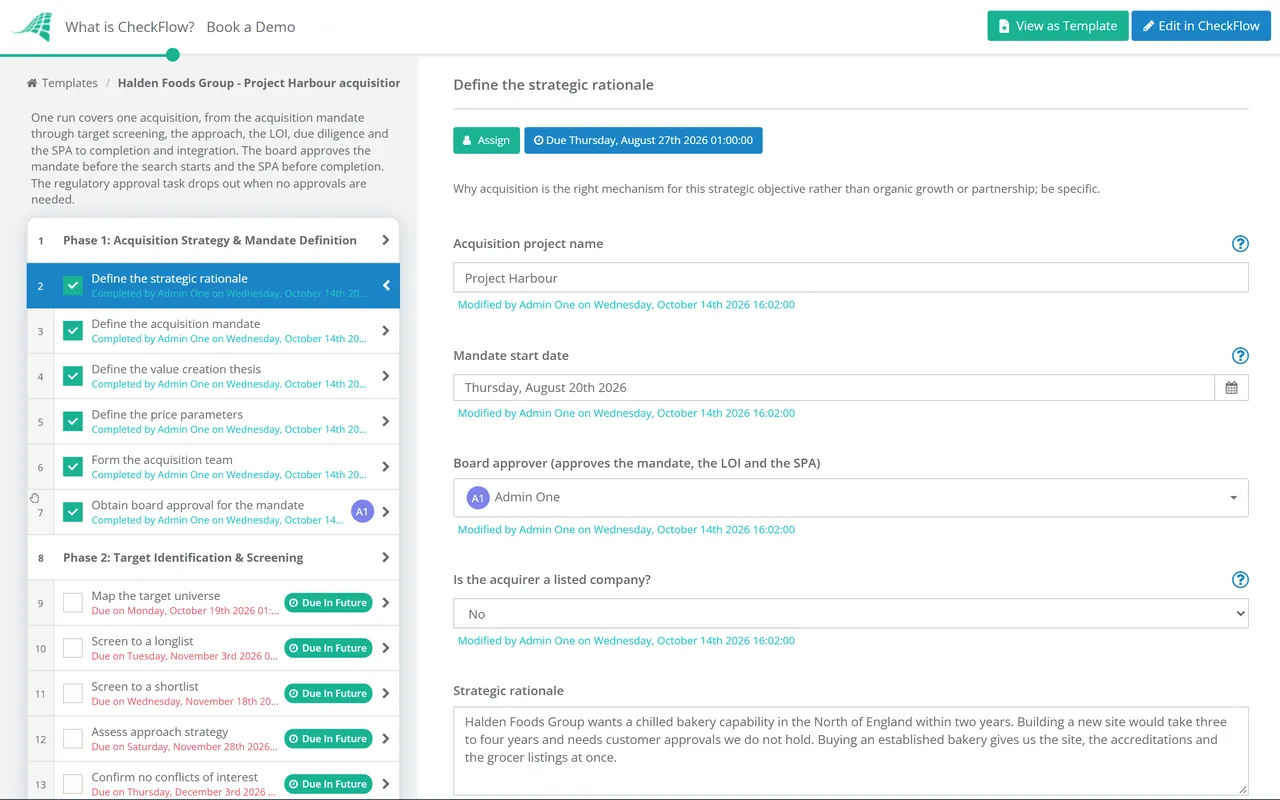 Live demo of the Purchase of a Business Checklist in CheckFlow