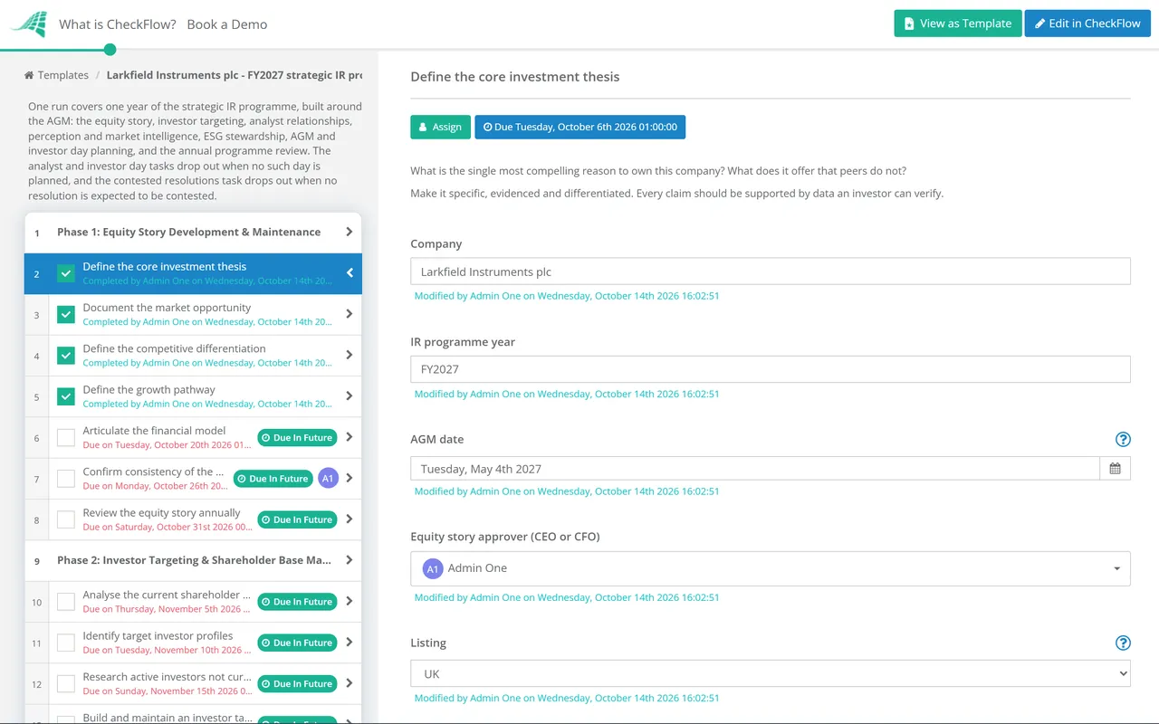 Live demo of the Strategic Investor Relations & Stewardship Checklist in CheckFlow