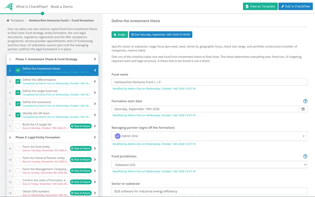 Live demo of the Venture Capital Fund Formation Checklist in CheckFlow