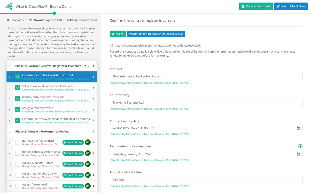 Live demo of the Contract Renewal Reminder Checklist in CheckFlow