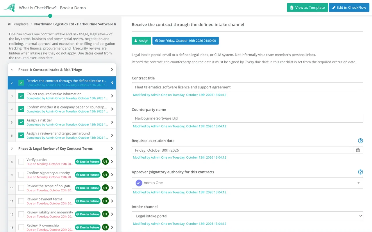 Live demo of the Contract Review & Approval Checklist in CheckFlow