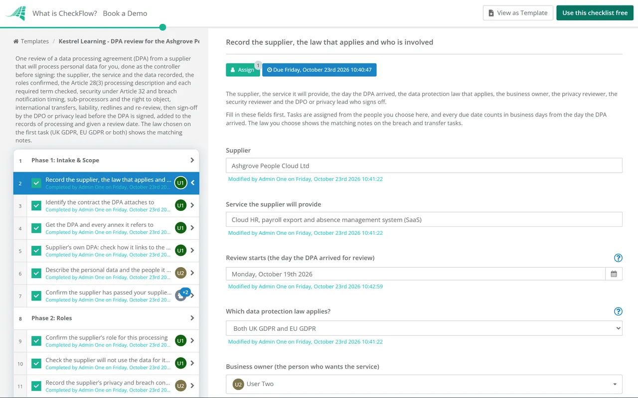Live demo of the Data Processing Agreement (DPA) Review Checklist in CheckFlow