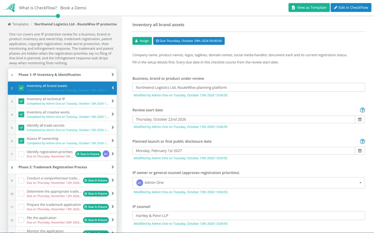Live demo of the Intellectual Property Registration Checklist in CheckFlow