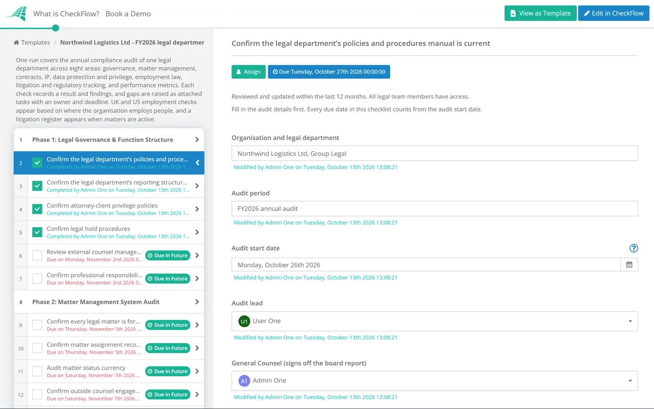 Live demo of the Compliance Audit Checklist for a Legal Department in CheckFlow