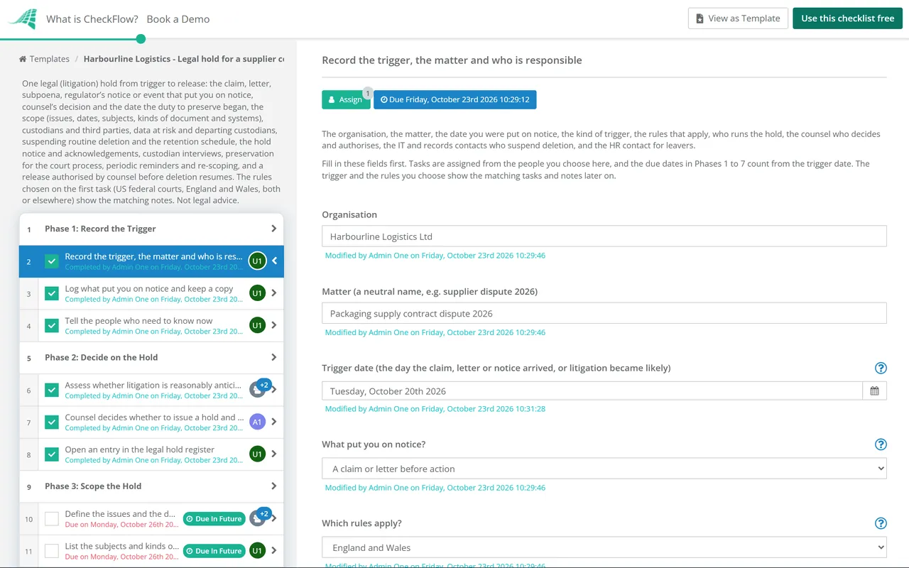 Live demo of the Legal Hold Checklist in CheckFlow