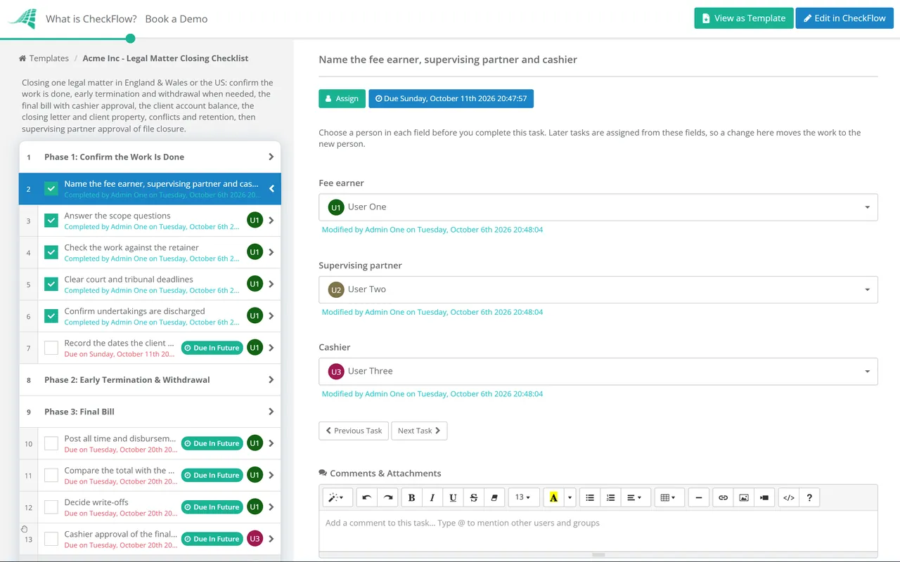 Live demo of the Legal Matter Closing Checklist in CheckFlow