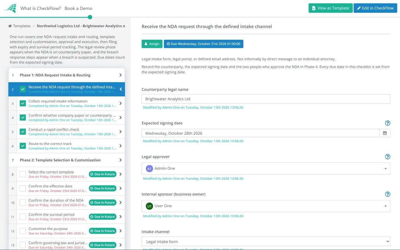 Live demo of the NDA Processing Workflow Checklist in CheckFlow