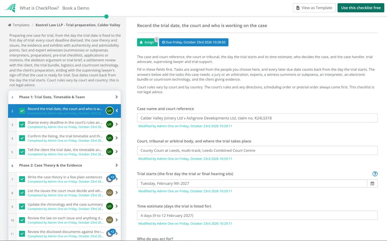Live demo of the Trial Preparation Checklist in CheckFlow