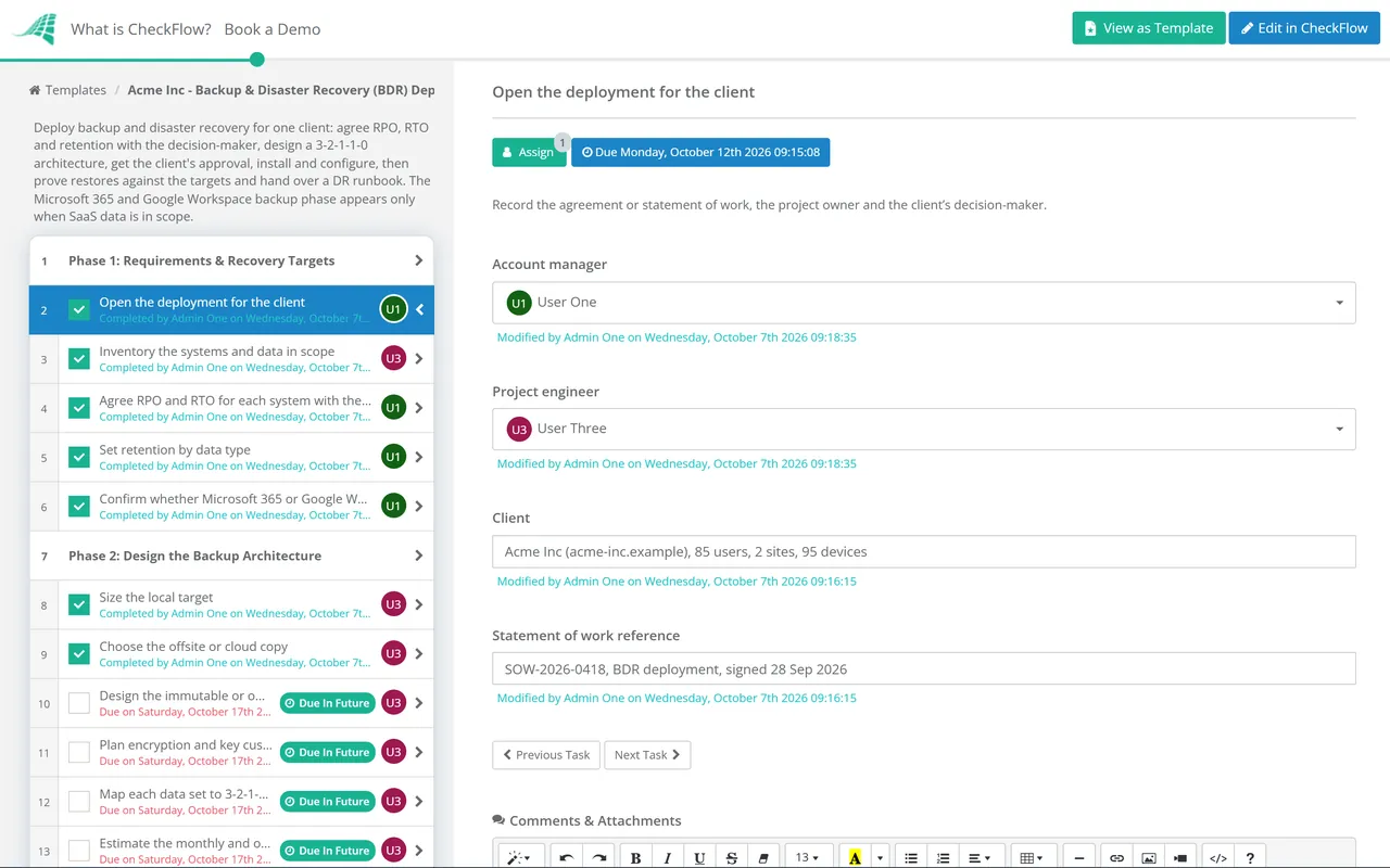 Live demo of the Backup & Disaster Recovery (BDR) Deployment Checklist in CheckFlow