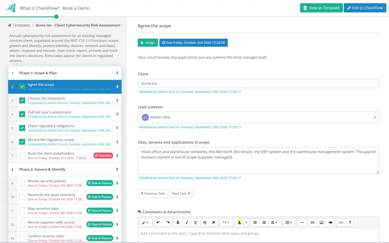 Live demo of the Client Cybersecurity Risk Assessment Checklist in CheckFlow