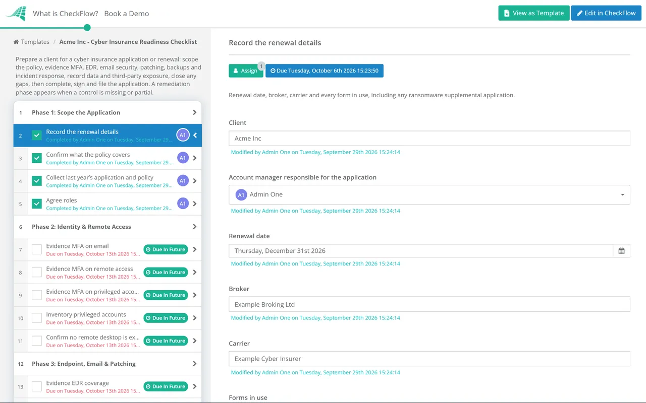 Live demo of the Cyber Insurance Readiness Checklist in CheckFlow
