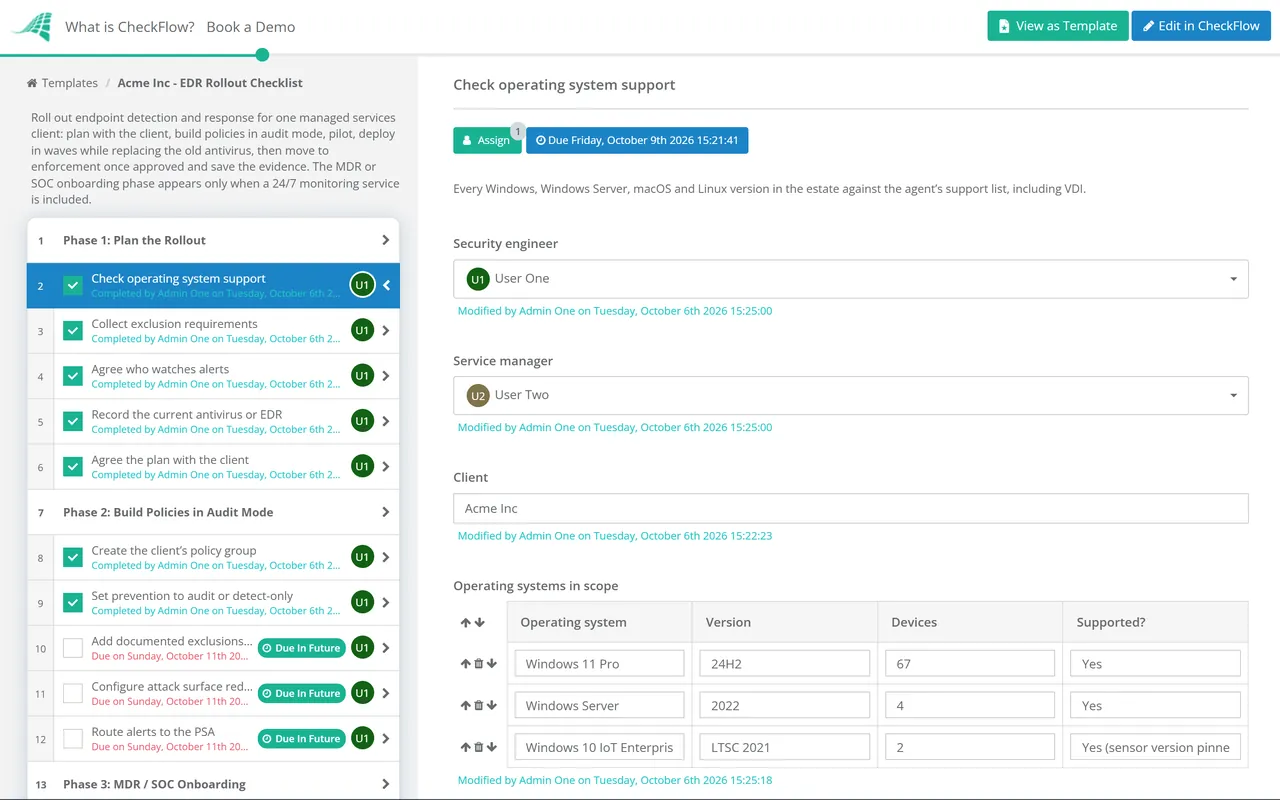 Live demo of the EDR Rollout Checklist in CheckFlow