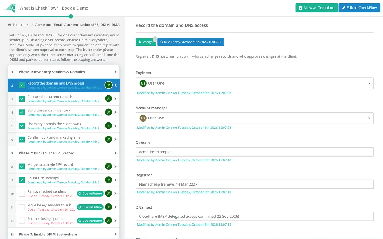 Live demo of the Email Authentication (SPF, DKIM, DMARC) Setup Checklist in CheckFlow