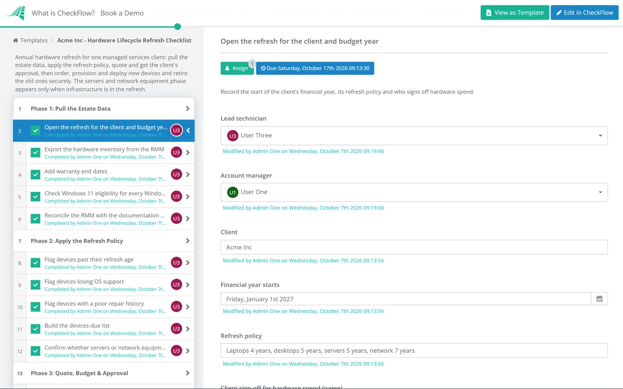Live demo of the Hardware Lifecycle Refresh Checklist in CheckFlow