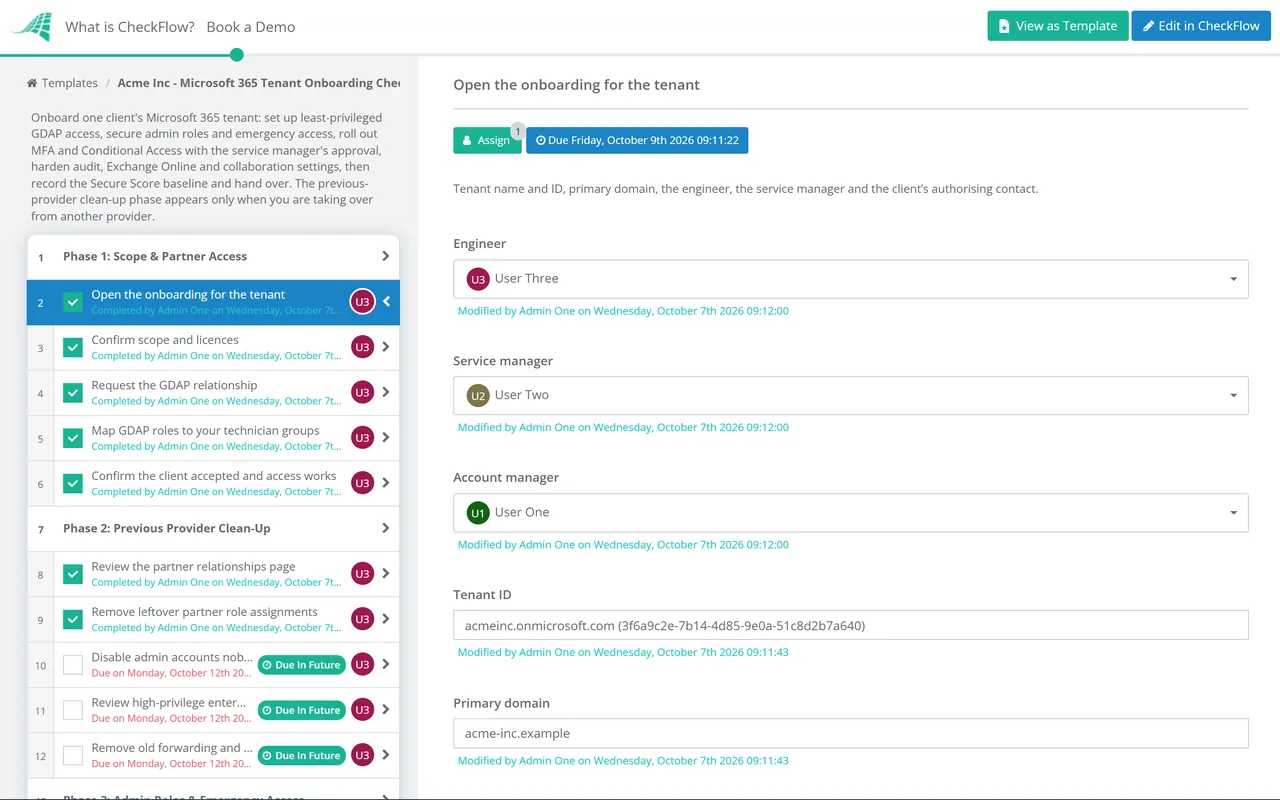 Live demo of the Microsoft 365 Tenant Onboarding Checklist in CheckFlow