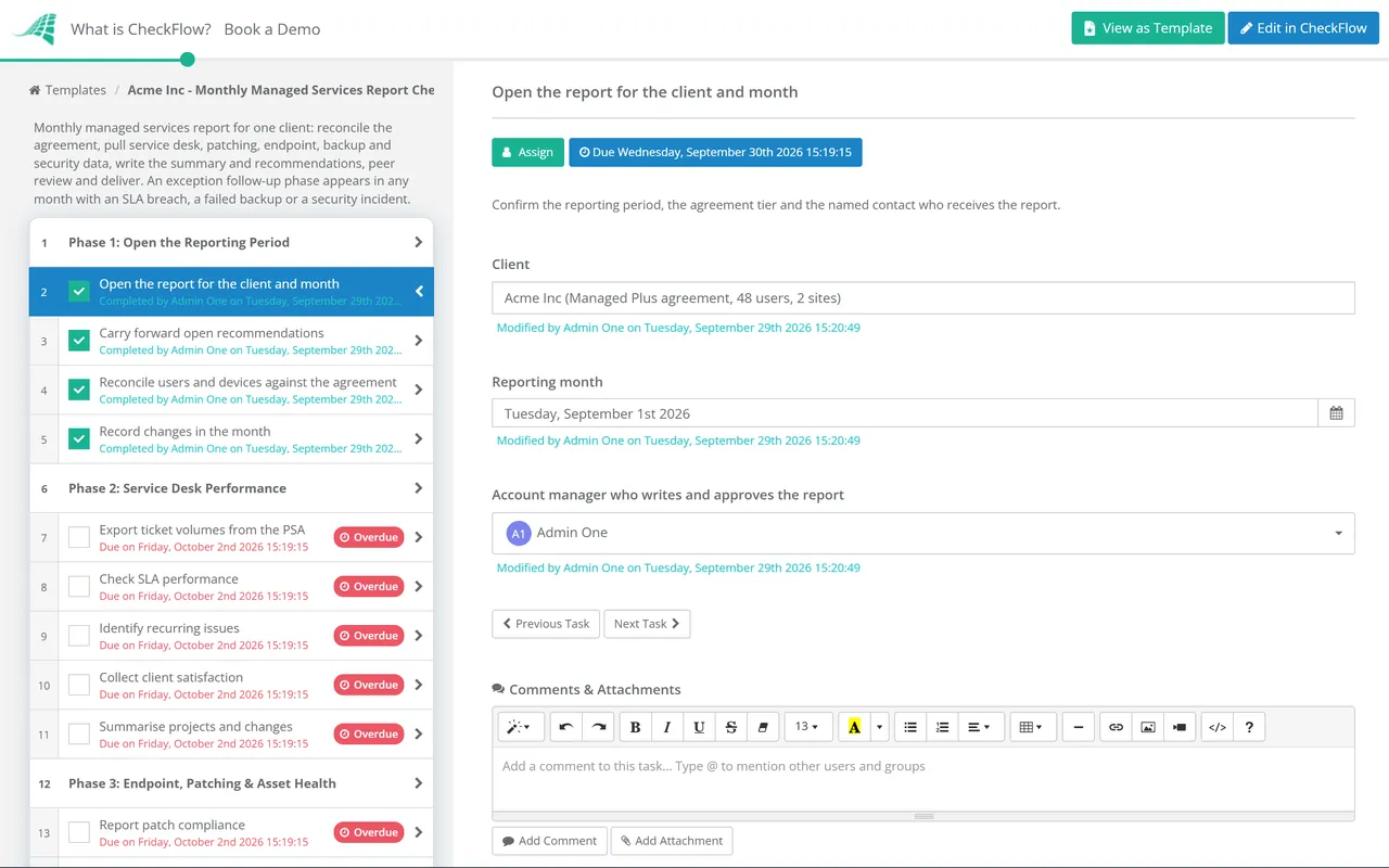 Live demo of the Monthly Managed Services Report Checklist in CheckFlow