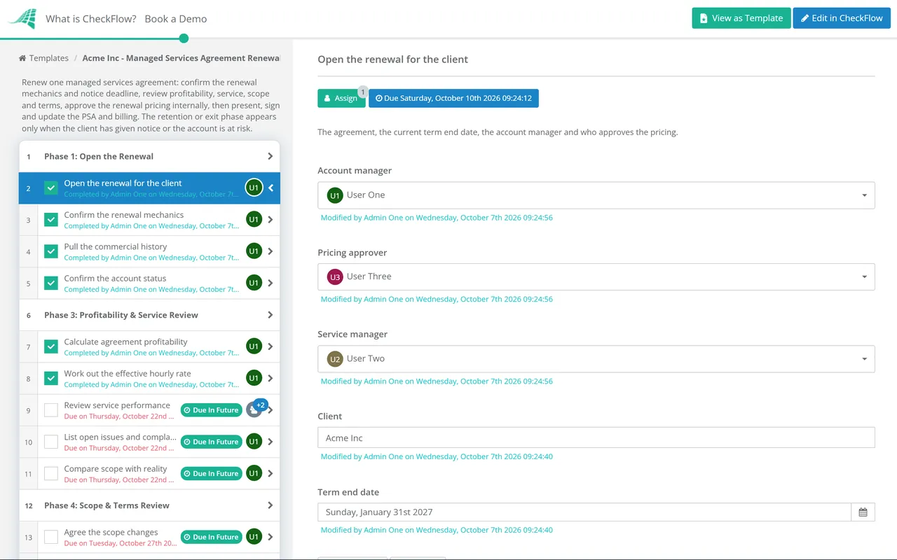 Live demo of the Managed Services Agreement Renewal Checklist in CheckFlow
