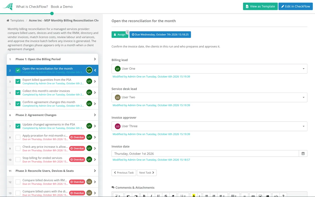 Live demo of the MSP Monthly Billing Reconciliation Checklist in CheckFlow