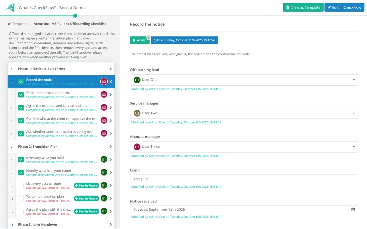 Live demo of the MSP Client Offboarding Checklist in CheckFlow