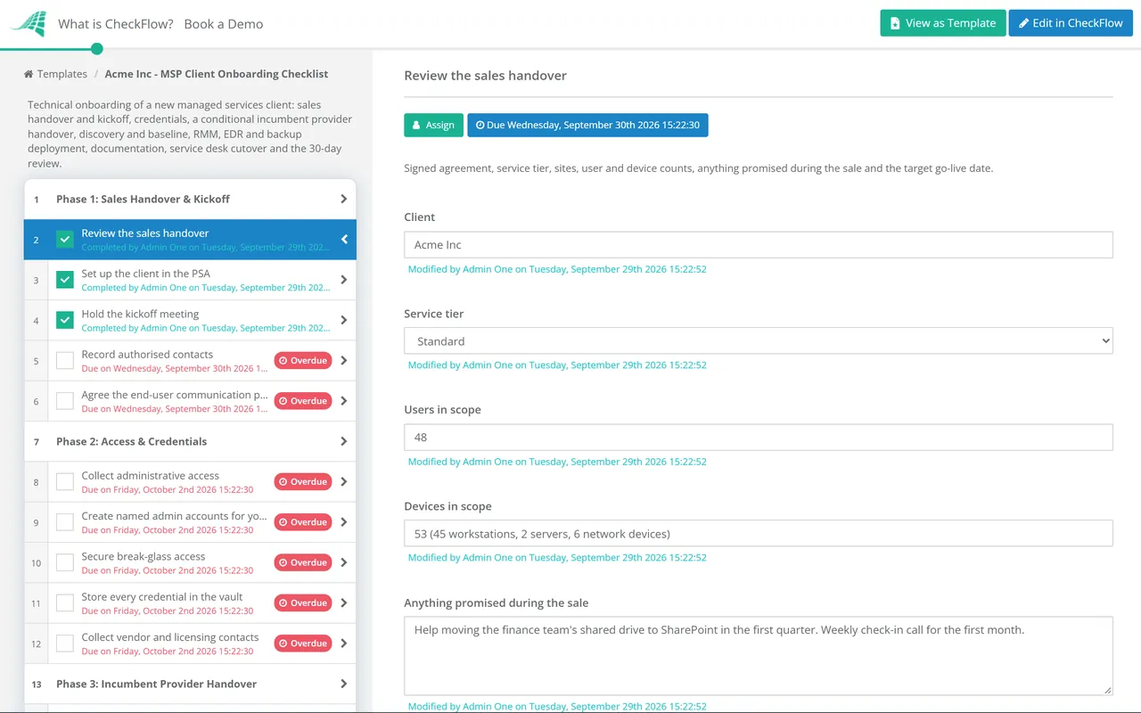Live demo of the MSP Client Onboarding Checklist in CheckFlow