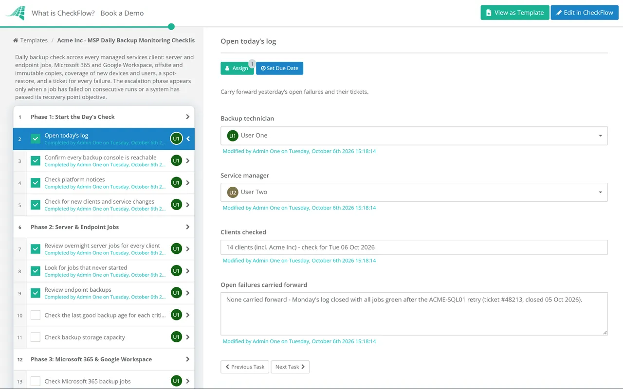 Live demo of the MSP Daily Backup Monitoring Checklist in CheckFlow