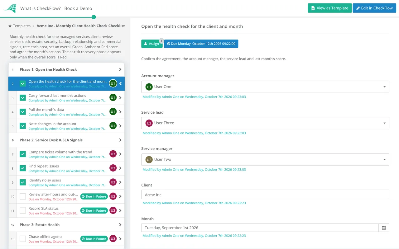 Live demo of the Monthly Client Health Check Checklist in CheckFlow