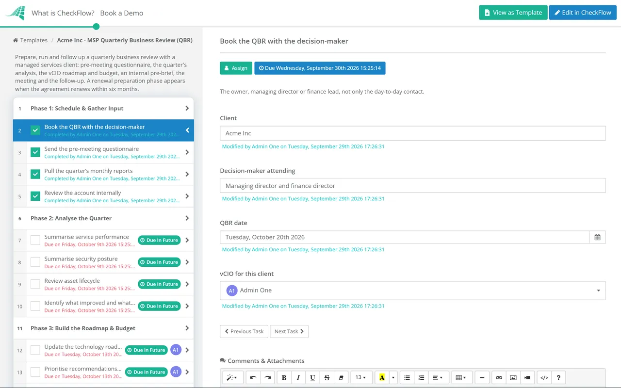 Live demo of the MSP Quarterly Business Review (QBR) Checklist in CheckFlow