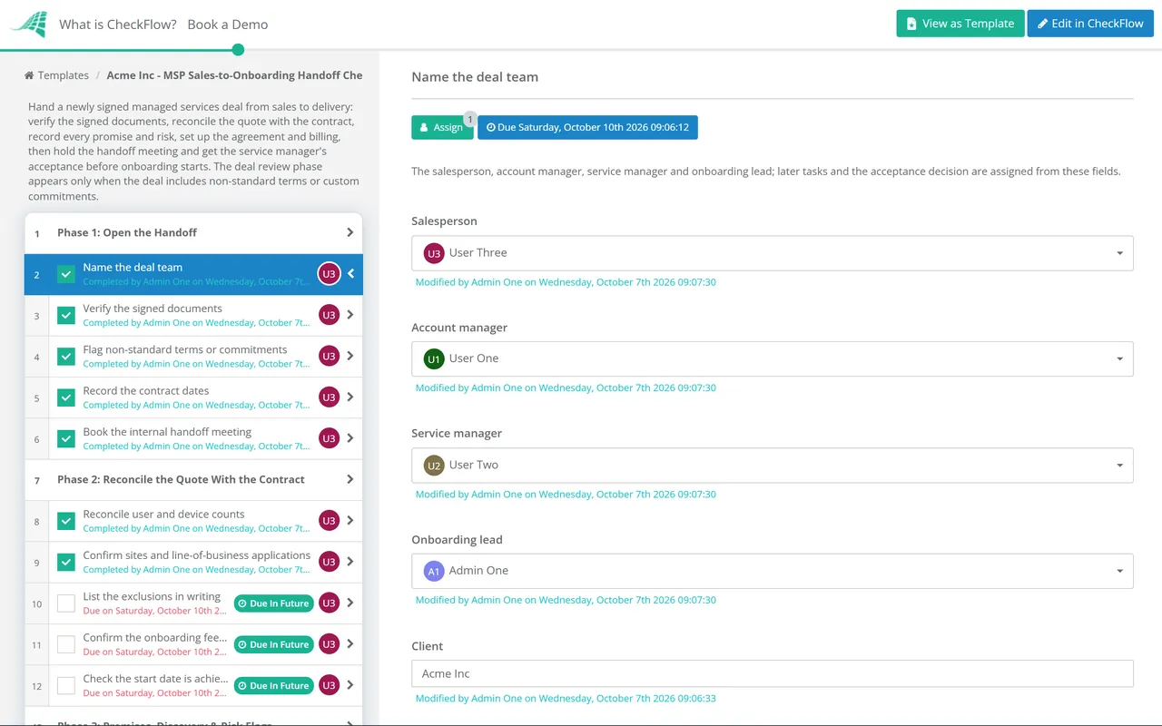 Live demo of the MSP Sales-to-Onboarding Handoff Checklist in CheckFlow