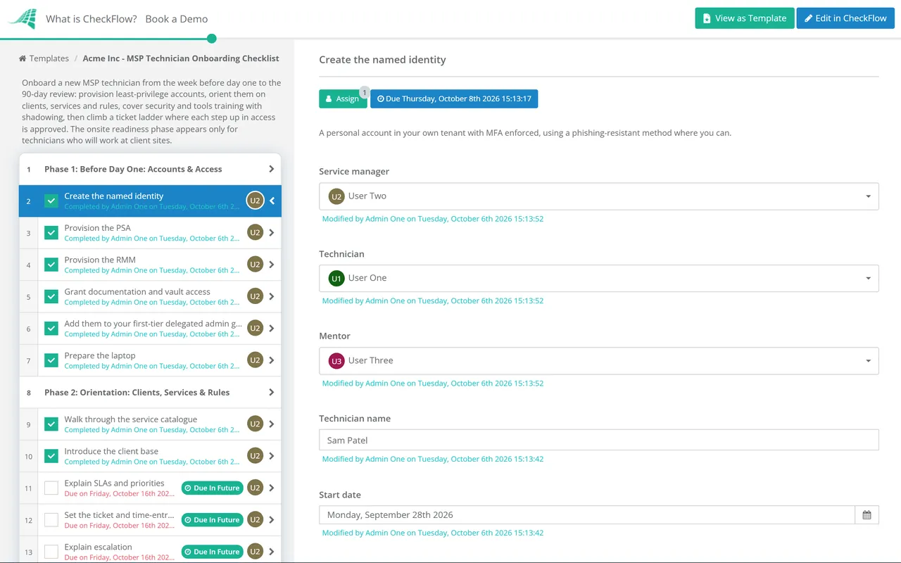Live demo of the MSP Technician Onboarding Checklist in CheckFlow