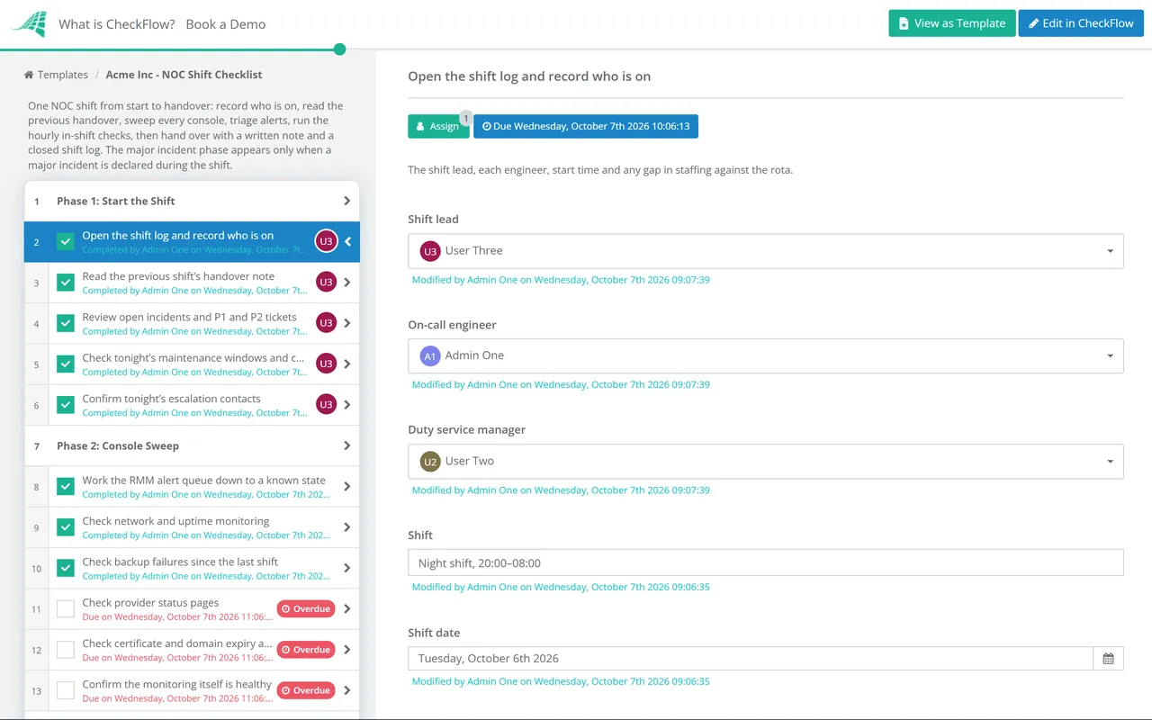 Live demo of the NOC Shift Checklist in CheckFlow