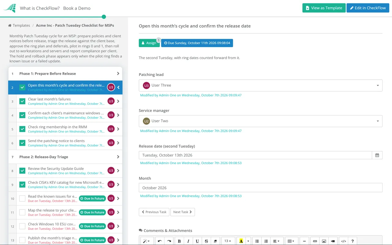 Live demo of the Patch Tuesday Checklist in CheckFlow
