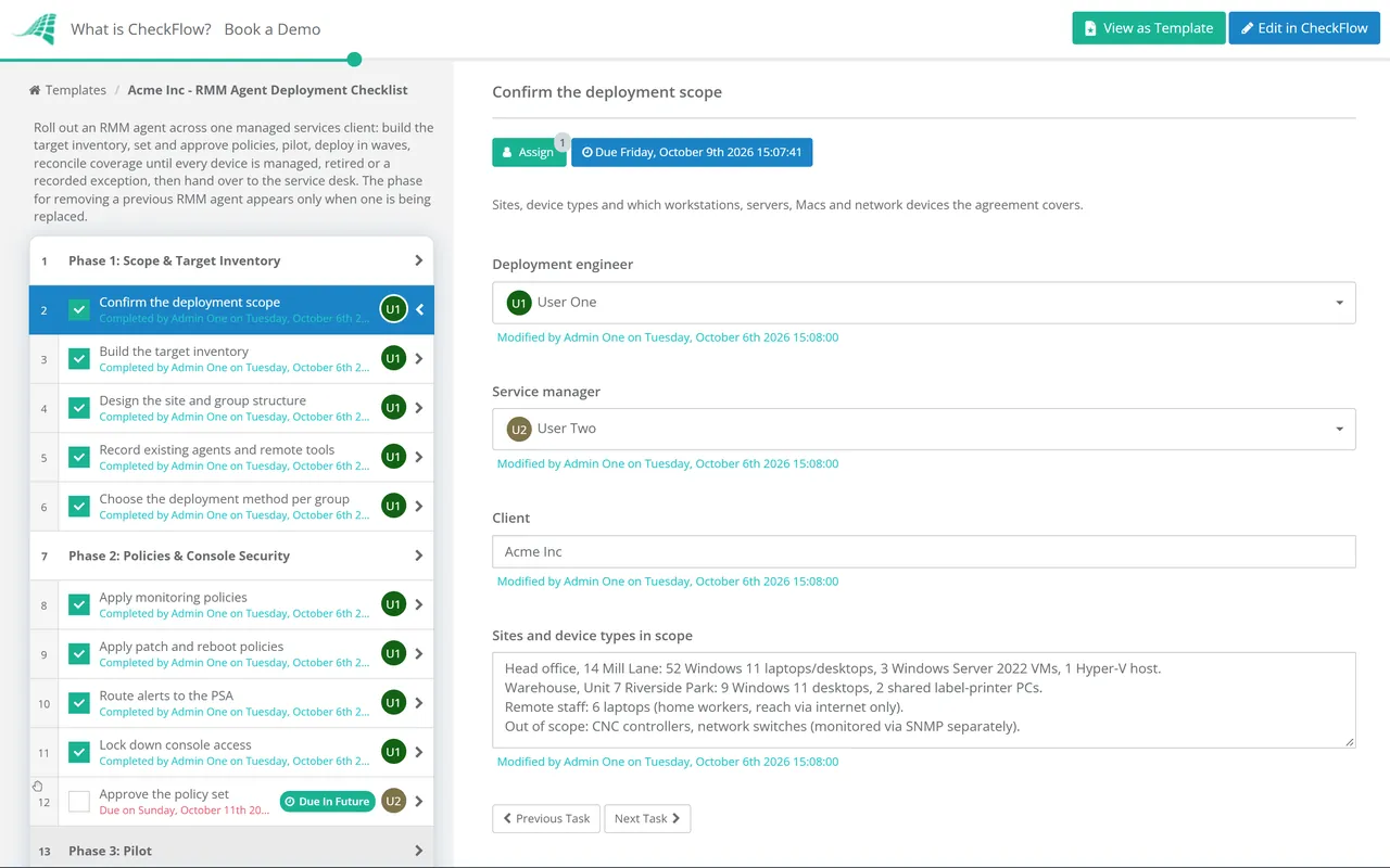 Live demo of the RMM Agent Deployment Checklist in CheckFlow
