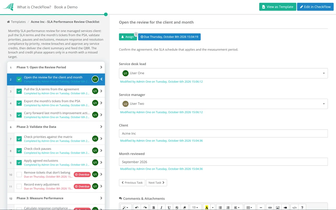 Live demo of the SLA Performance Review Checklist in CheckFlow