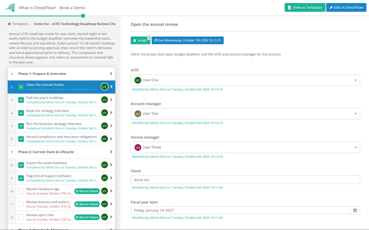 Live demo of the vCIO Technology Roadmap Review Checklist in CheckFlow