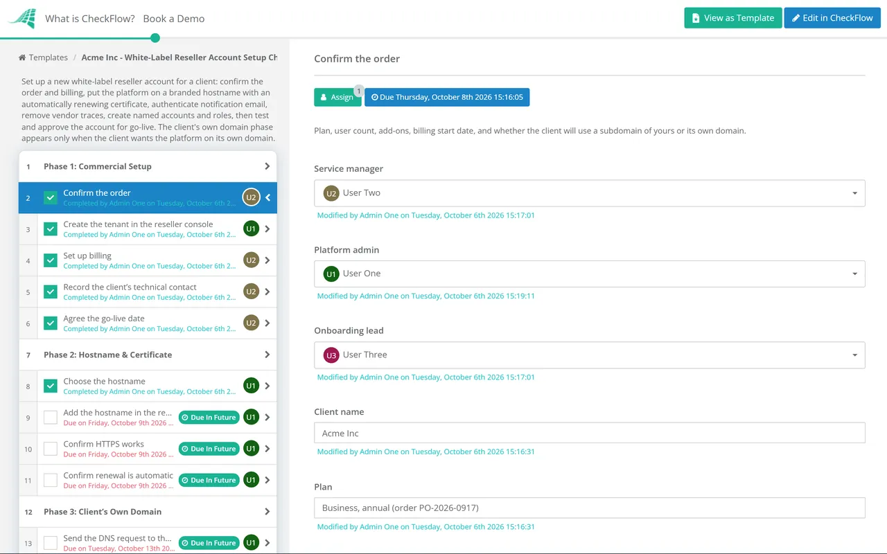 Live demo of the White-Label Reseller Account Setup Checklist in CheckFlow