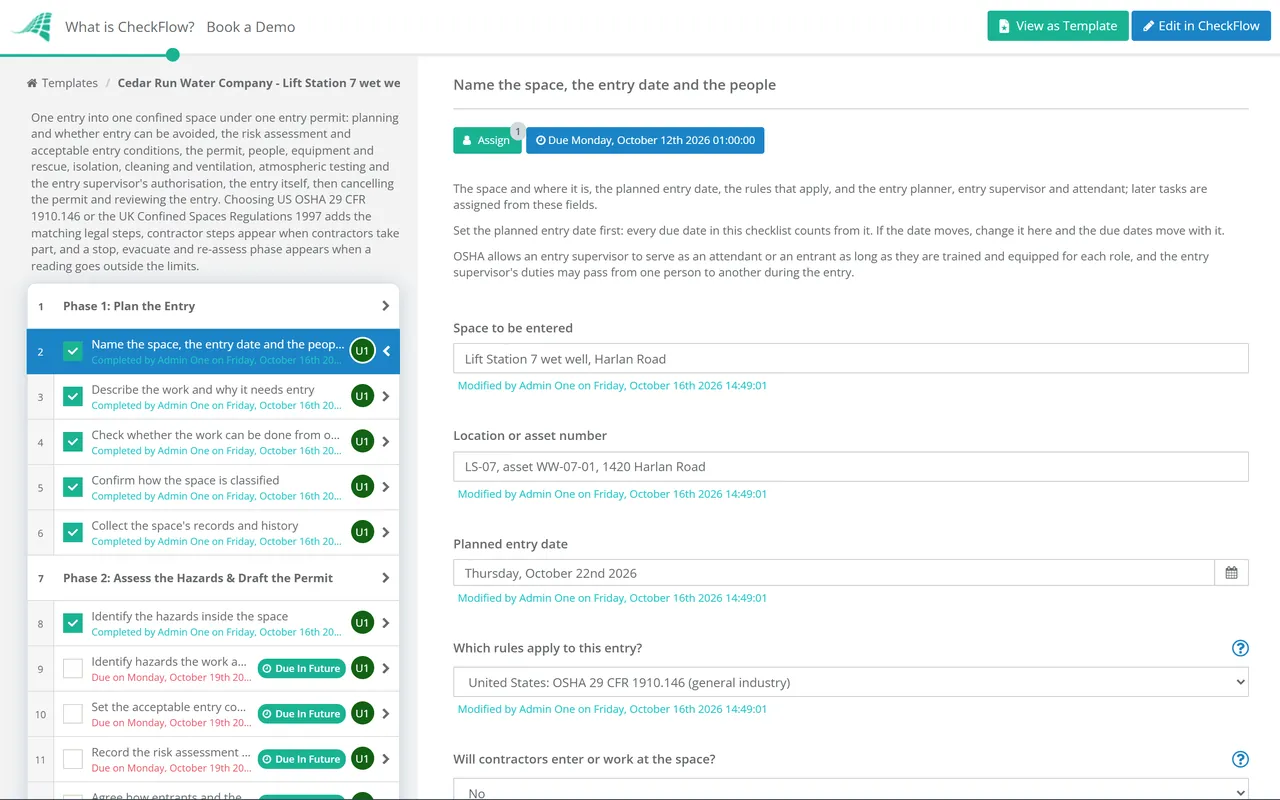 Live demo of the Confined Space Entry Checklist in CheckFlow
