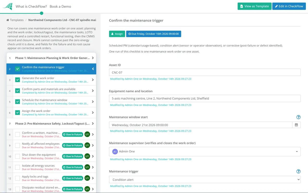 Live demo of the Equipment Maintenance Workflow Checklist in CheckFlow