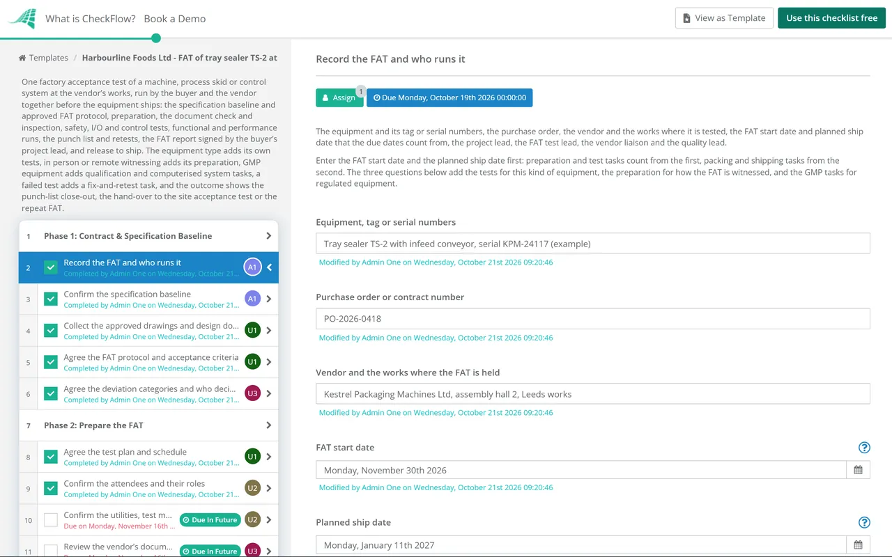 Live demo of the Factory Acceptance Test (FAT) Checklist in CheckFlow