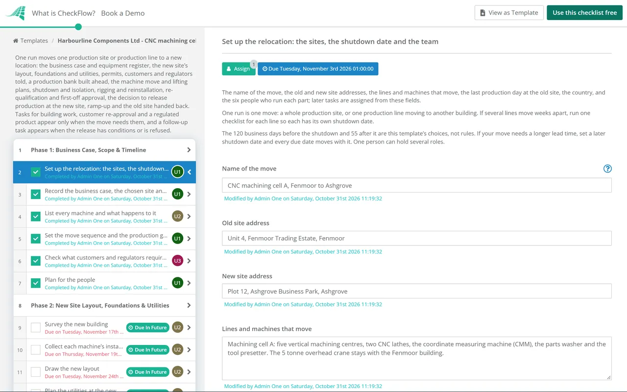Live demo of the Factory Relocation Checklist in CheckFlow