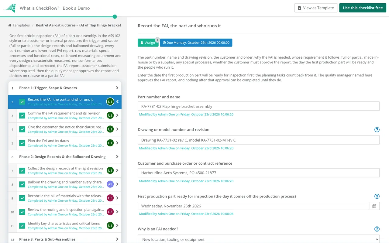Live demo of the First Article Inspection Checklist in CheckFlow